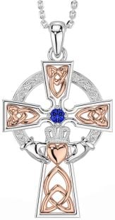 Diamond Sapphire White Rose Gold Claddagh Celtic Cross Necklace