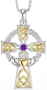 Diamond Amethyst White Yellow Gold Claddagh Celtic Cross Necklace