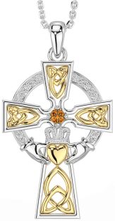 Diamond Citrine White Yellow Gold Claddagh Celtic Cross Necklace