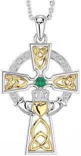 Diamond Emerald White Yellow Gold Claddagh Celtic Cross Necklace