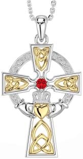 Diamond Ruby White Yellow Gold Claddagh Celtic Cross Necklace