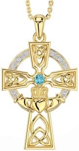 Diamond Aquamarine Gold Claddagh Celtic Cross Necklace