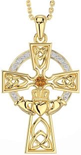 Diamond Citrine Gold Claddagh Celtic Cross Necklace