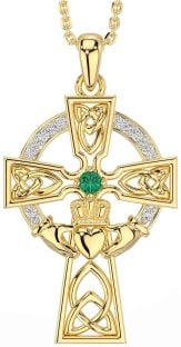 Diamond Emerald Gold Claddagh Celtic Cross Necklace