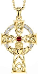 Diamond Garnet Gold Claddagh Celtic Cross Necklace