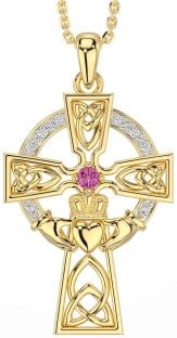 Diamond Pink Tourmaline Gold Claddagh Celtic Cross Necklace