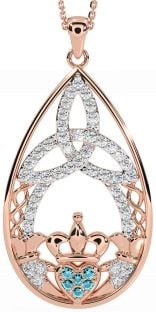 Diamond Aquamarine Rose Gold Silver Claddagh Celtic Trinity Knot Necklace