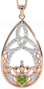 Diamond Peridot Rose Gold Silver Claddagh Celtic Trinity Knot Necklace