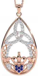 Diamant Saphir Rose Gold Claddagh keltisch Dreieinigkeit Knoten Halskette