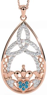 Diamond Topaz Rose Gold Claddagh Celtic Trinity Knot Necklace