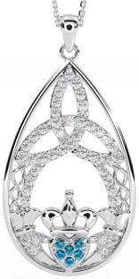 Diamond Topaz Silver Claddagh Celtic Trinity Knot Necklace