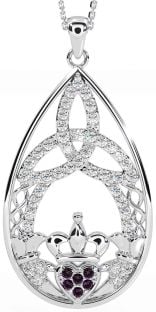 Diamond Alexandrite White Gold Claddagh Celtic Trinity Knot Necklace