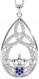 Diamond Sapphire White Gold Claddagh Celtic Trinity Knot Necklace