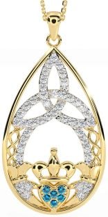 Diamond Topaz Gold Claddagh Celtic Trinity Knot Necklace