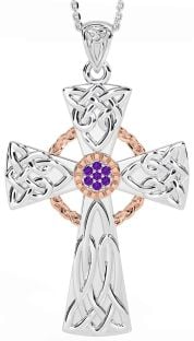 Large Amethyst Rose Gold Silver Celtic Cross Necklace