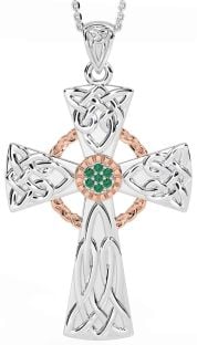 Large Emerald Rose Gold Silver Celtic Cross Necklace