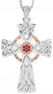 Large Ruby Rose Gold Silver Celtic Cross Necklace