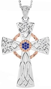 Large Sapphire Rose Gold Silver Celtic Cross Necklace