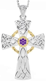 Large Amethyst Gold Silver Celtic Cross Necklace