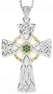 Large Emerald Gold Silver Celtic Cross Necklace