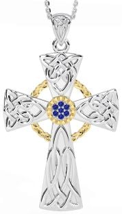 Large Sapphire Gold Silver Celtic Cross Necklace