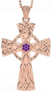 Large Amethyst Rose Gold Silver Celtic Cross Necklace