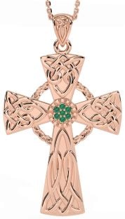 Large Emerald Rose Gold Silver Celtic Cross Necklace