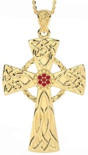 Large Ruby Gold Silver Celtic Cross Necklace