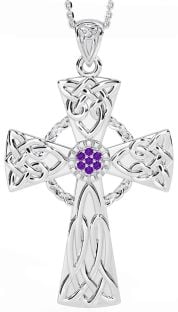 Large Amethyst Silver Celtic Cross Necklace