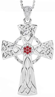 Large Ruby Silver Celtic Cross Necklace