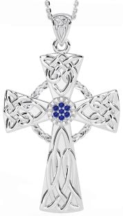 Large Sapphire Silver Celtic Cross Necklace