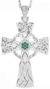 Large Emerald White Gold Celtic Cross Necklace