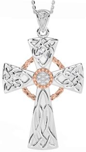 Large Diamond White Rose Gold Celtic Cross Necklace