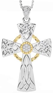 Large Diamond White Yellow Gold Celtic Cross Necklace