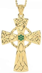 Large Emerald Gold Celtic Cross Necklace