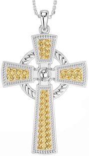 Large White Yellow Gold Celtic Cross Necklace