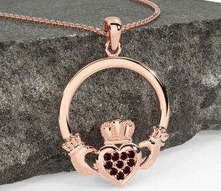 Garnet Rose Gold Silver Claddagh Necklace