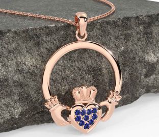 Sapphire Rose Gold Silver Claddagh Necklace