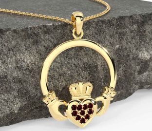 Garnet Gold Silver Claddagh Necklace