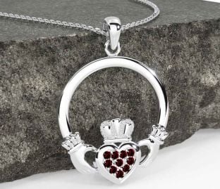 Garnet Silver Claddagh Necklace
