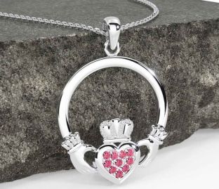 Pink Tourmaline White Gold Claddagh Necklace