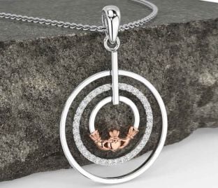 Diamond Rose Gold Silver Claddagh Necklace