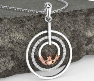 Diamond Rose Gold Silver Claddagh Necklace