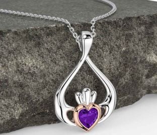 Amethyst Rose Gold Silver Claddagh Necklace