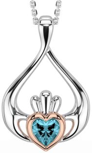 Aquamarine Rose Gold Silver Claddagh Necklace