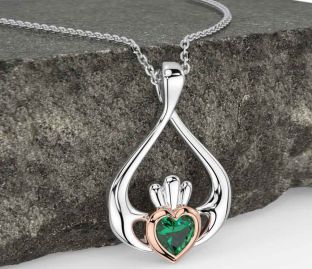 Emerald Rose Gold Silver Claddagh Necklace