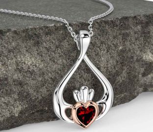 Garnet Rose Gold Silver Claddagh Necklace