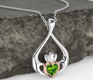 Peridot Rose Gold Silver Claddagh Necklace