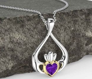 Amethyst Gold Silver Claddagh Necklace