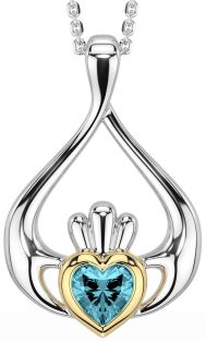 Aquamarine Gold Silver Claddagh Necklace